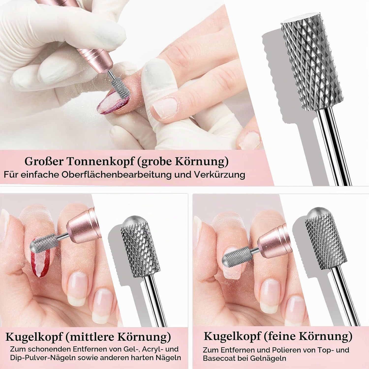 Nahaufnahme eines Nagelbohrer-Aufsatzes mit grober Körnung.