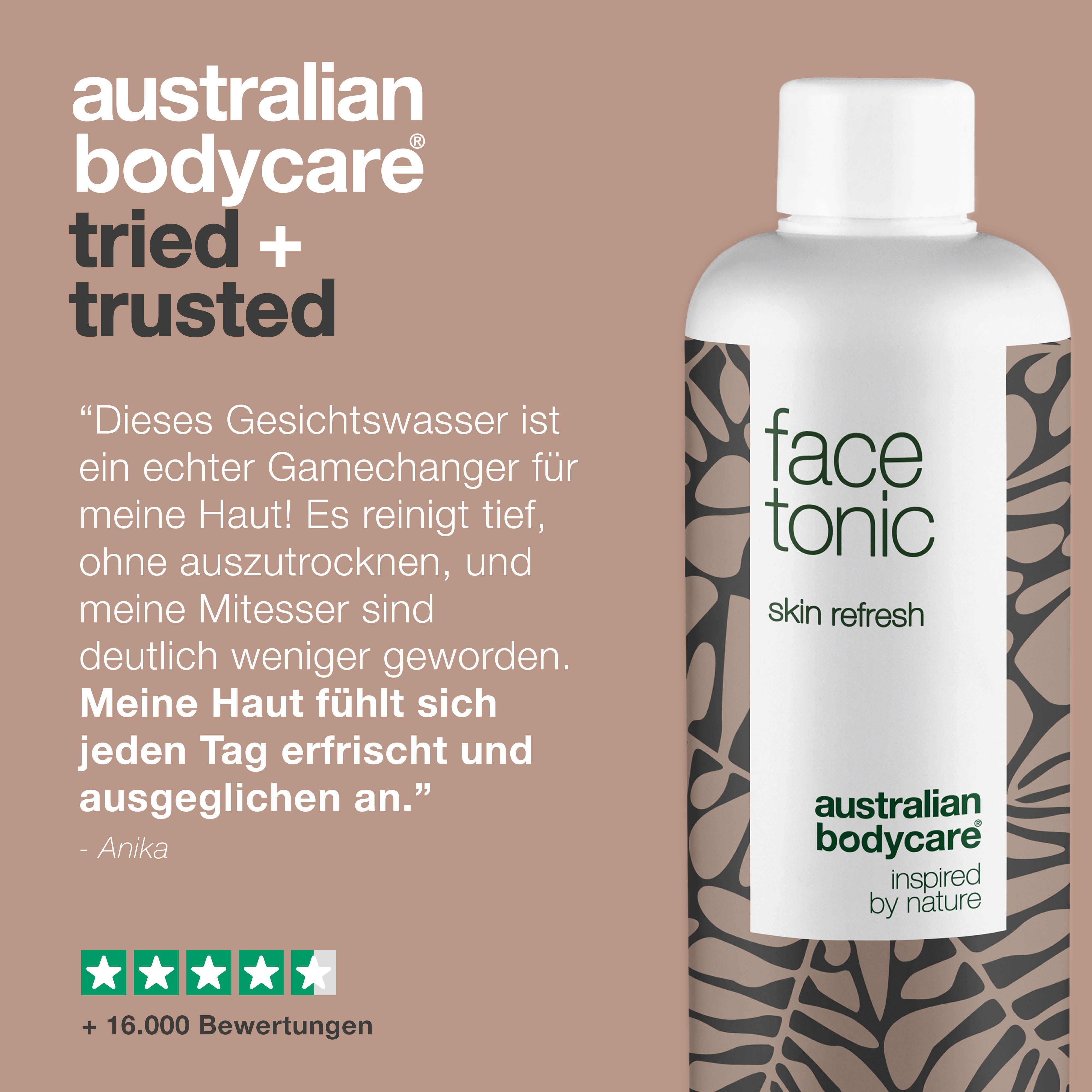 Flasche „face tonic“ von Australian Bodycare. Zitat: „Gamechanger für meine Haut“. 5 Sterne Bewertung. +16.000 Bewertungen.