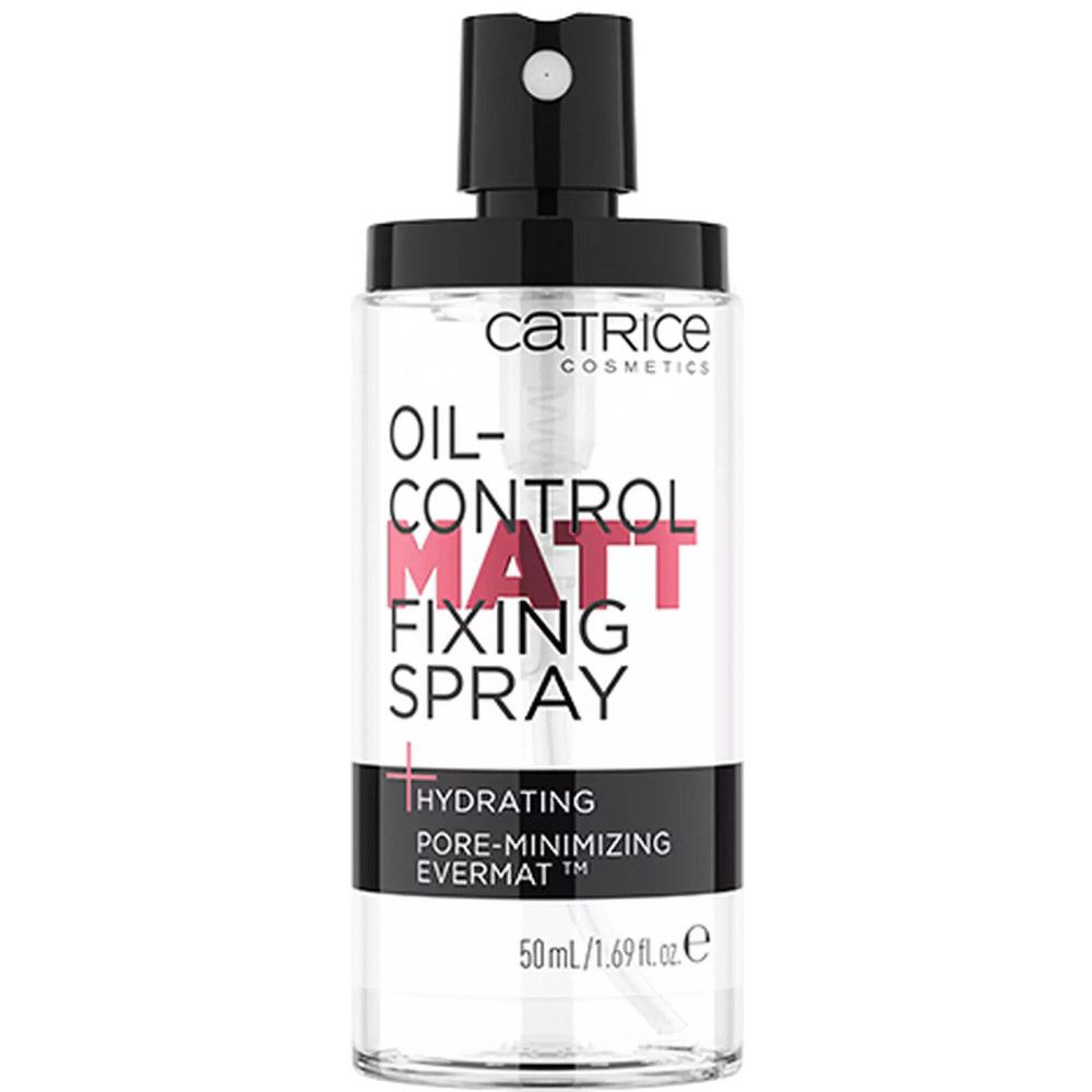 Catrice Mattierendes Fixierspray. Transparente Flasche mit schwarzem Sprühkopf. Produktbezeichnung und Inhaltsstoffe.