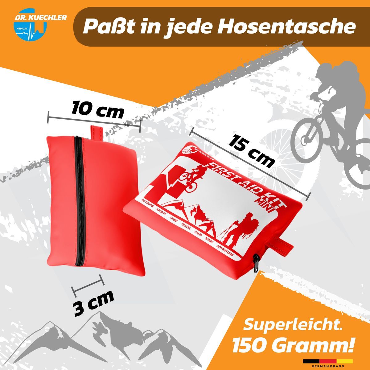 Rote Erste-Hilfe-Tasche und daneben. Maße: 10 cm x 15 cm x 3 cm. Text: „Superleicht. 150 Gramm!“. Logo: Dr. Kuechler.