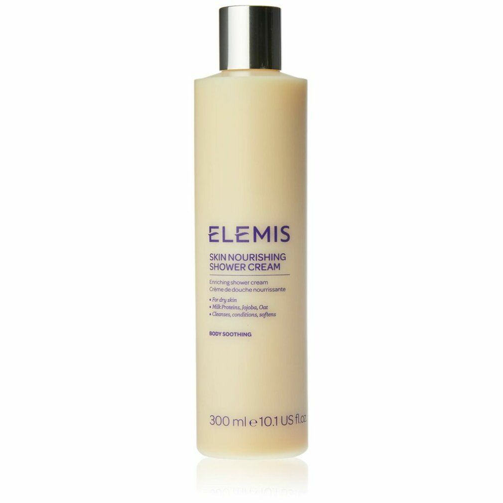 Beige Duschcreme-Flasche mit silbernem Deckel. Aufschrift: Elemis Skin Nourishing Shower Cream. Volumen: 300 ml.