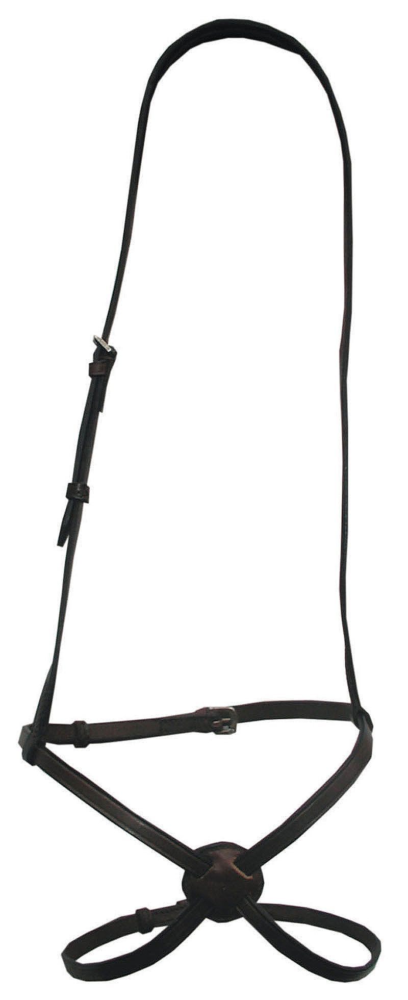 Braunes Reithalfter mit Riemen und Schnallen. Leder, mit einem runden Teil im Nasenbereich. Detailaufnahme.