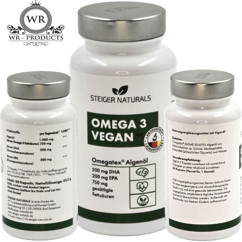 Drei Flaschen Steiger Naturals Omega 3 Vegan. Eine große und zwei kleinere Flaschen. Alle mit silbernen Deckeln.