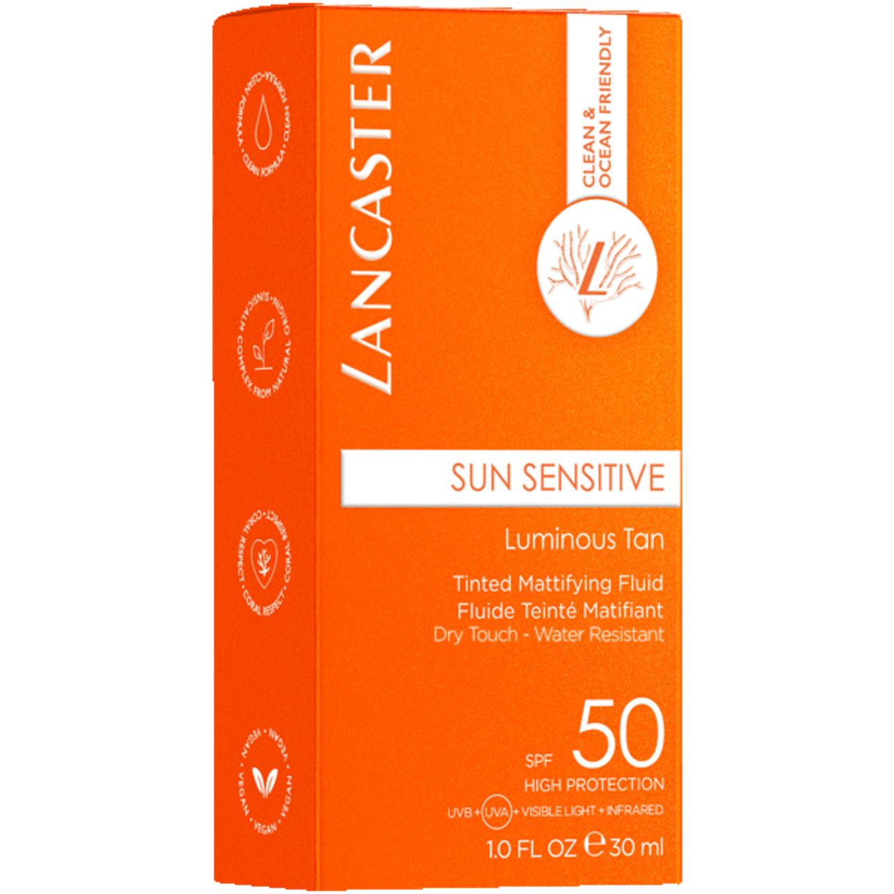 Orangefarbener Karton. Aufschrift: LANCASTER SUN SENSITIVE 50 SPF. Text: Luminous Tan, Tinted Mattifying Fluid.