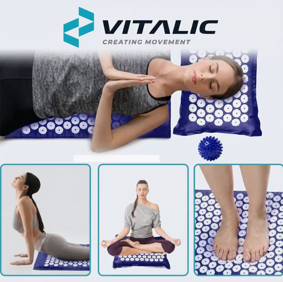 VITALIC Akupressur-Set mit Matte, Kissen und Massagekugel. Mehrere Anwendungsbeispiele.