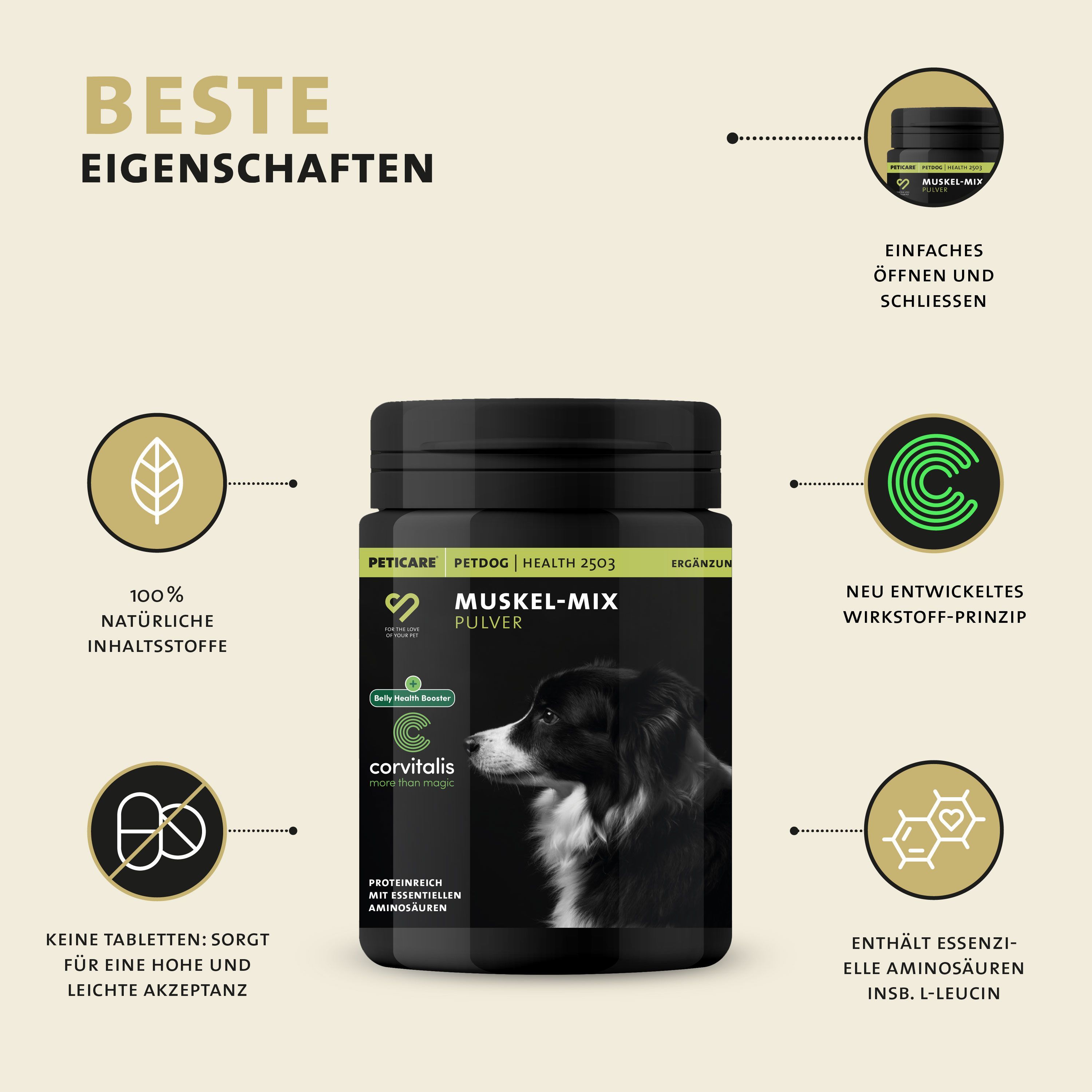 Peticare Muskel-Mix Pulver. 100% natürliche Inhaltsstoffe. Einfaches Öffnen und Schließen. Enthält essentielle Aminosäuren.