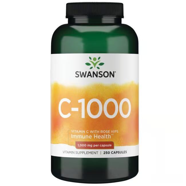 Grüne Flasche mit schwarzem Deckel. Aufschrift: SWANSON, C-1000, Vitamin C mit Hagebutten. 250 Kapseln.