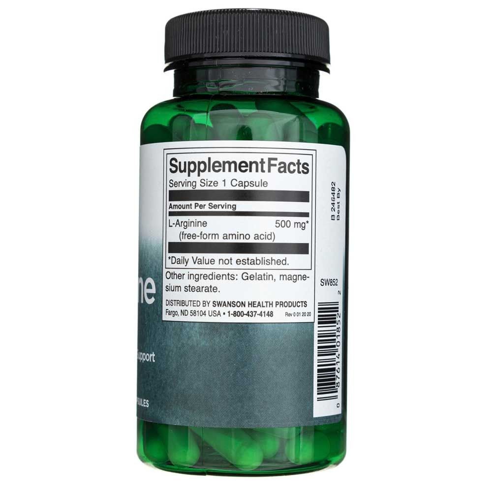 Rückseite einer Flasche L-Arginin Kapseln mit Nährwertangaben und Inhaltsstoffen.