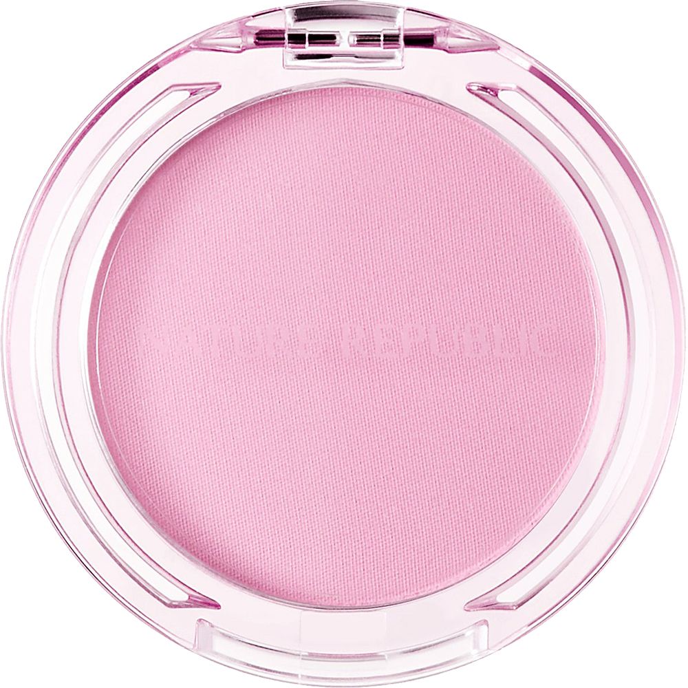 Runder, rosafarbener Blusher in einer transparenten, runden Dose mit offenem Deckel.