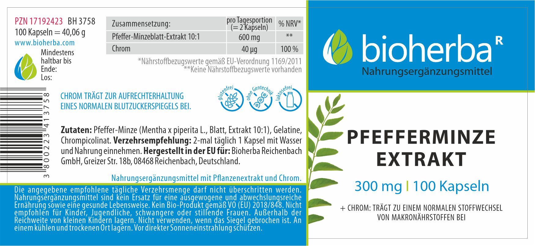 Etikett mit Produktinformationen. Enthält Zutaten, Verzehrempfehlung, Nährwertangaben. Logo und Produktname.
