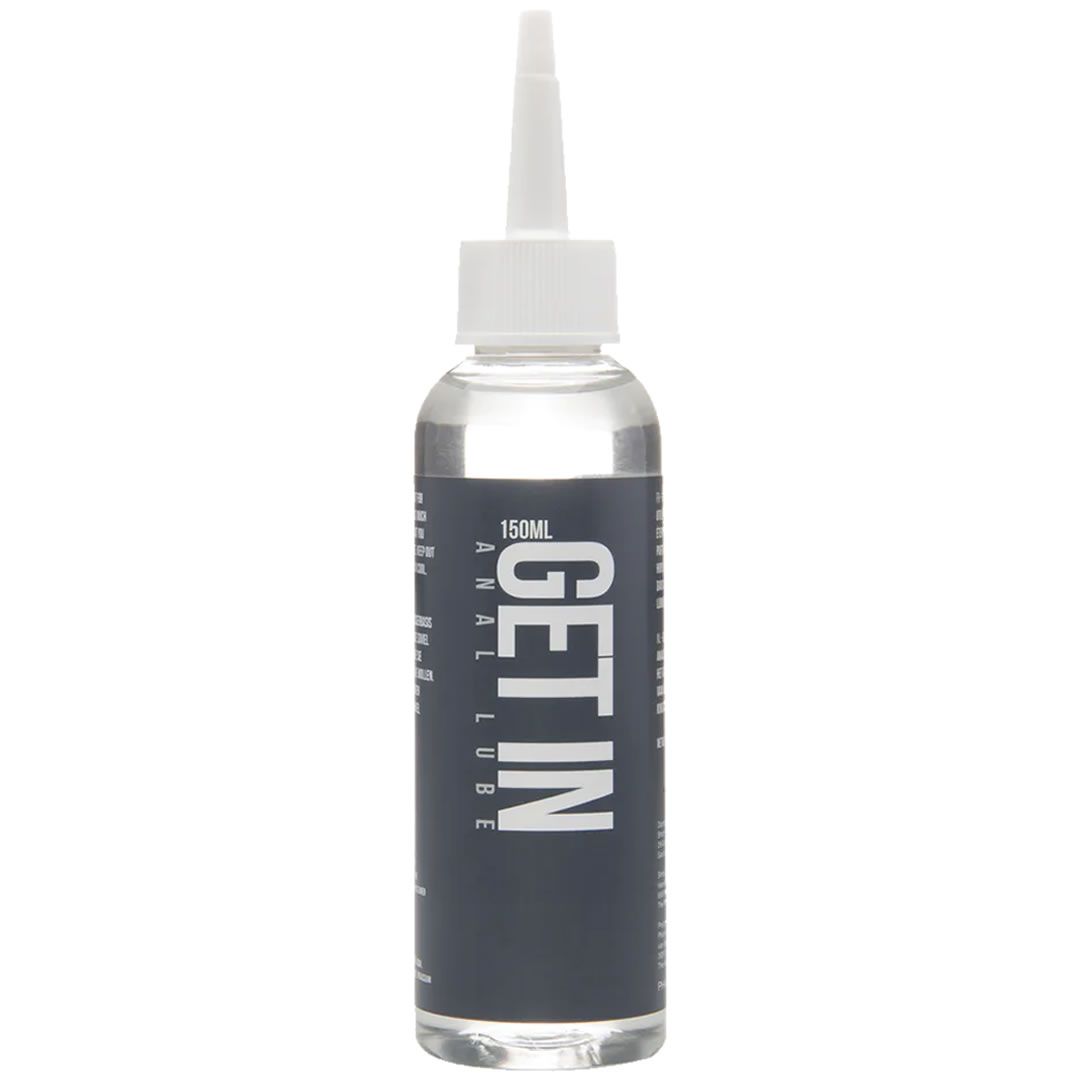 Klare Flüssigkeit in einer Flasche mit weißem Applikator. Auf dem Etikett steht "GET IN ANAL LUBE".
