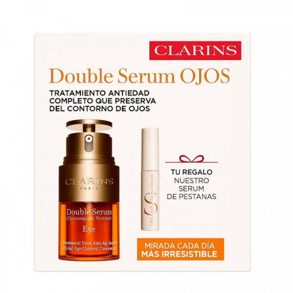 Clarins Double Serum Ojos. Serumflasche und Wimpernserum auf weißem Hintergrund. Text.