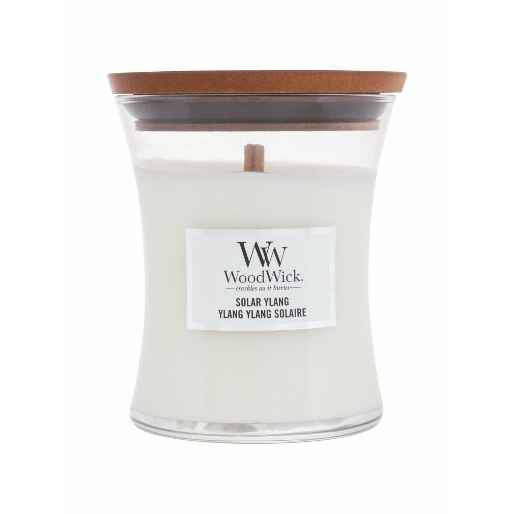 Sanduhrförmige Kerze mit Holzdeckel. Aufkleber mit "WoodWick" und "Solar Ylang".