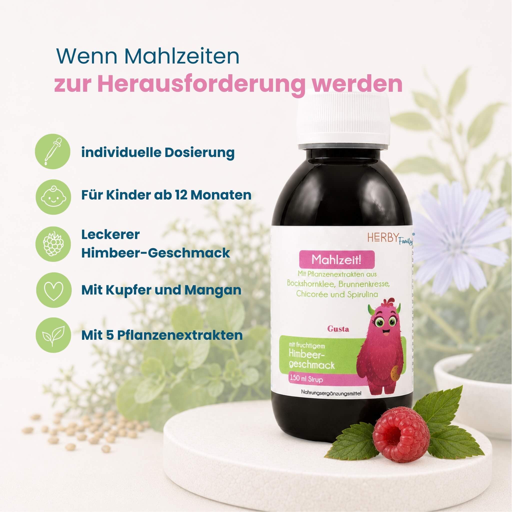 Flasche des Kinder-Appetit-Saftes mit Himbeergeschmack, umgeben von Kräutern und einer Himbeere.