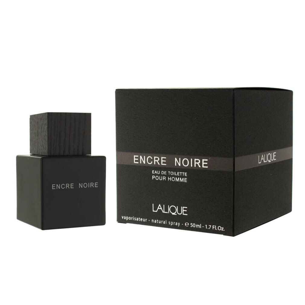 Schwarzer Flakon und Verpackung. Aufschrift: Encre Noire, Eau de Toilette Pour Homme, Lalique. Holzverschluss.