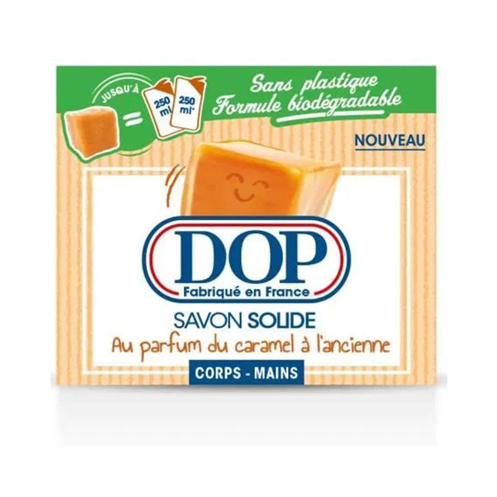 DOP-Festseife-Verpackung. Aufschrift: "Savon solide, au parfum du caramel à l'ancienne". "Sans plastique, formule biodégradable".