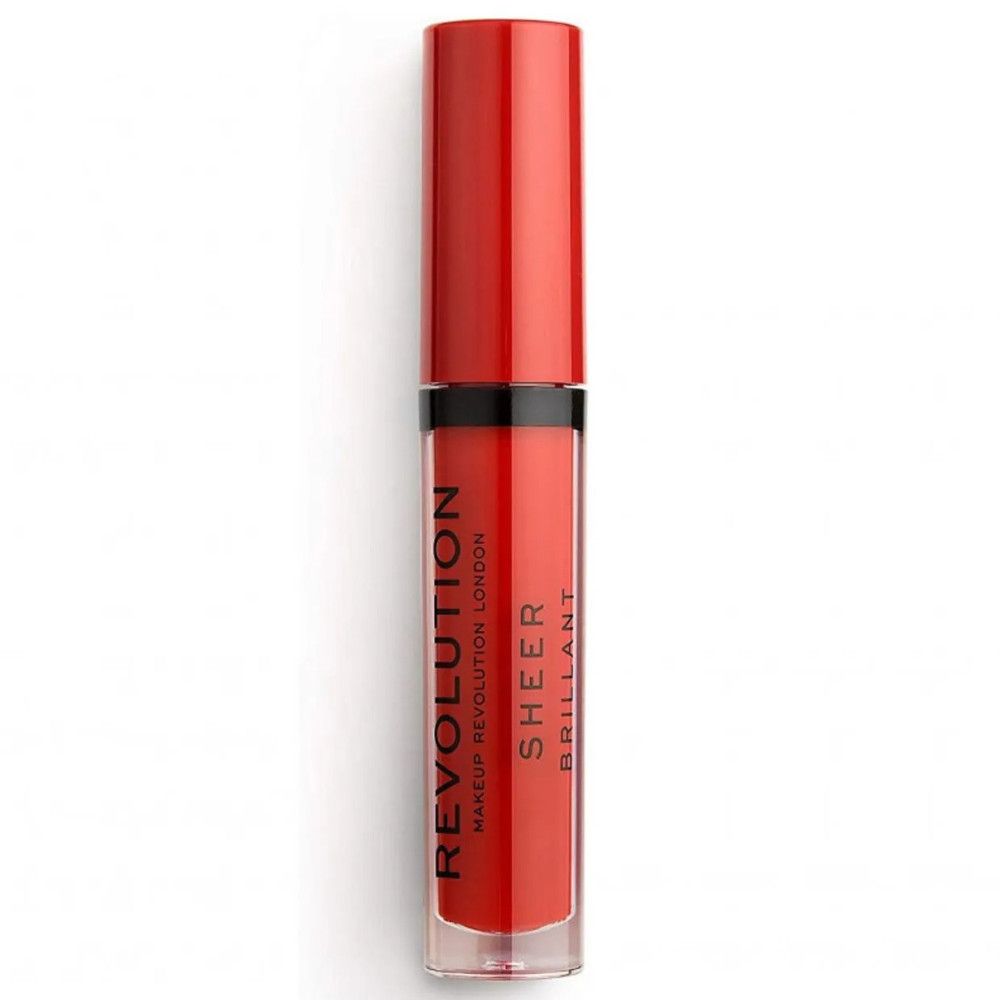Geschlossene Lipgloss-Tube mit roter Flüssigkeit. Aufschrift: REVOLUTION, SHEER, BRILLANT.