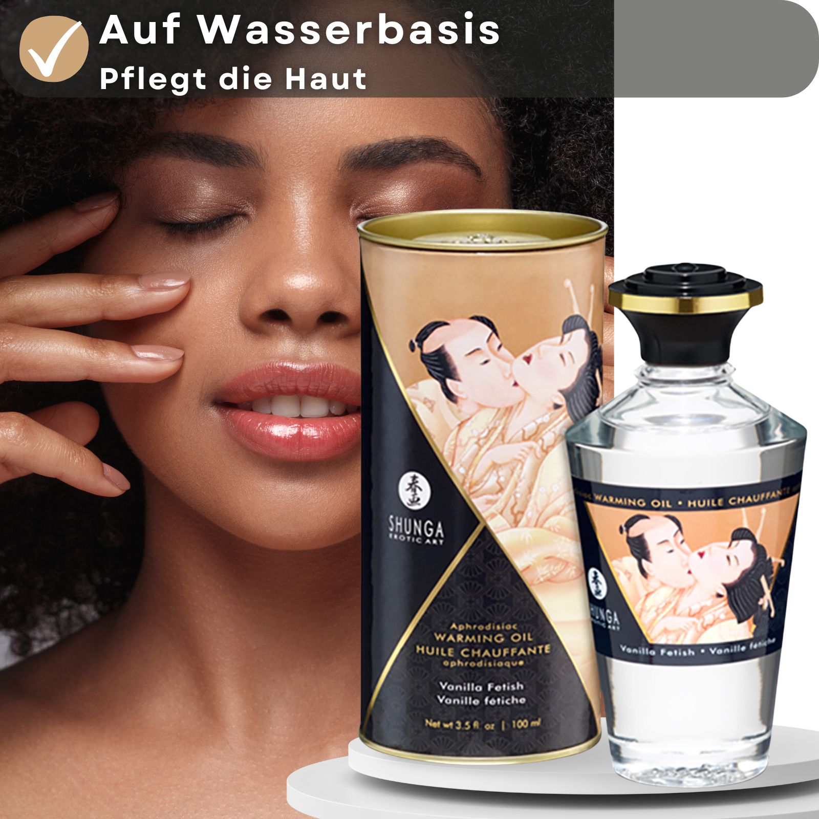 Massageöl mit Aroma Vanille in Glasflasche und Dose. Aufschrift: Warming Oil, Vanilla Fetish. Abbildung: küssendes Paar. Frau berührt Gesicht.