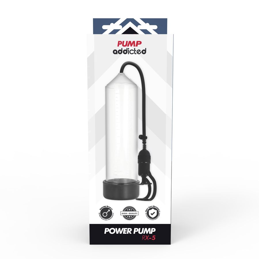 Verpackung mit Produktname und Logo. Transparente Pumpe mit schwarzem Sockel und Schlauch. Text: POWER PUMP RX-5.
