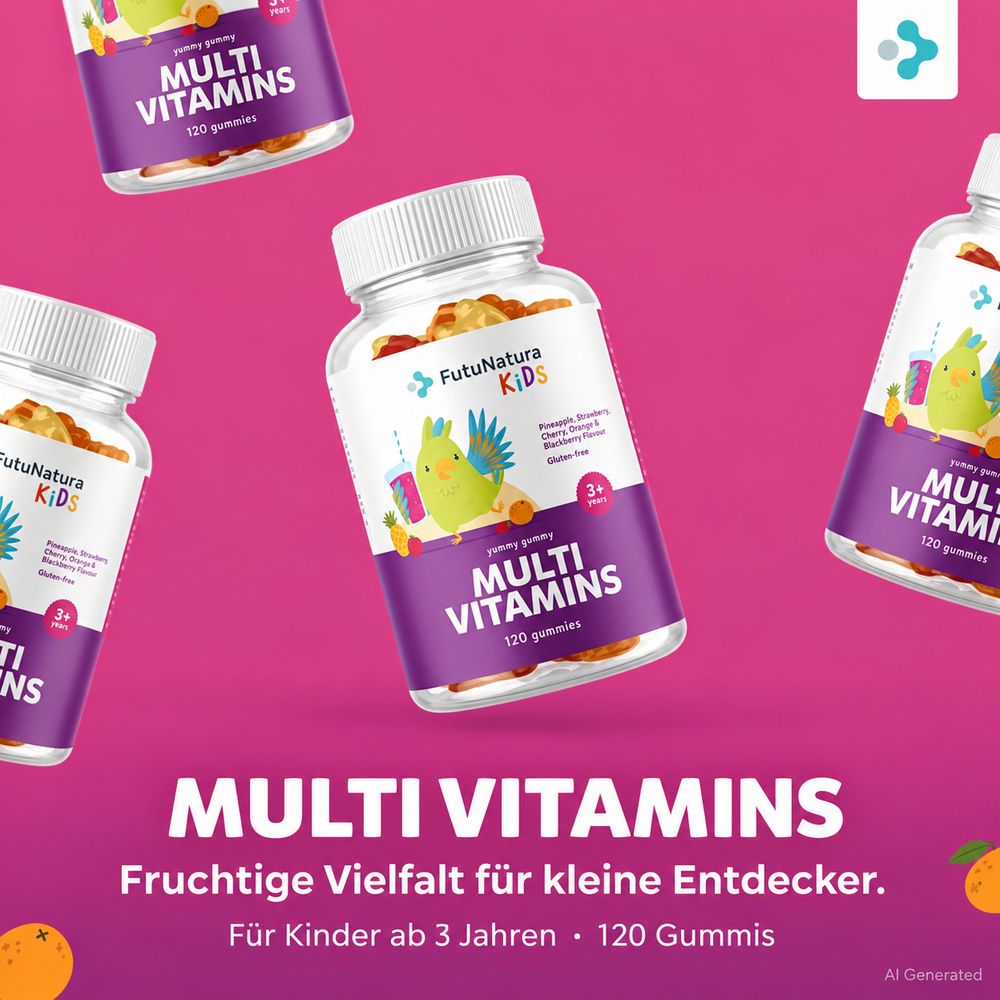 Mehrere Flaschen FutuNatura Kids Multivitamin-Gummis auf pinkem Hintergrund mit Früchten.