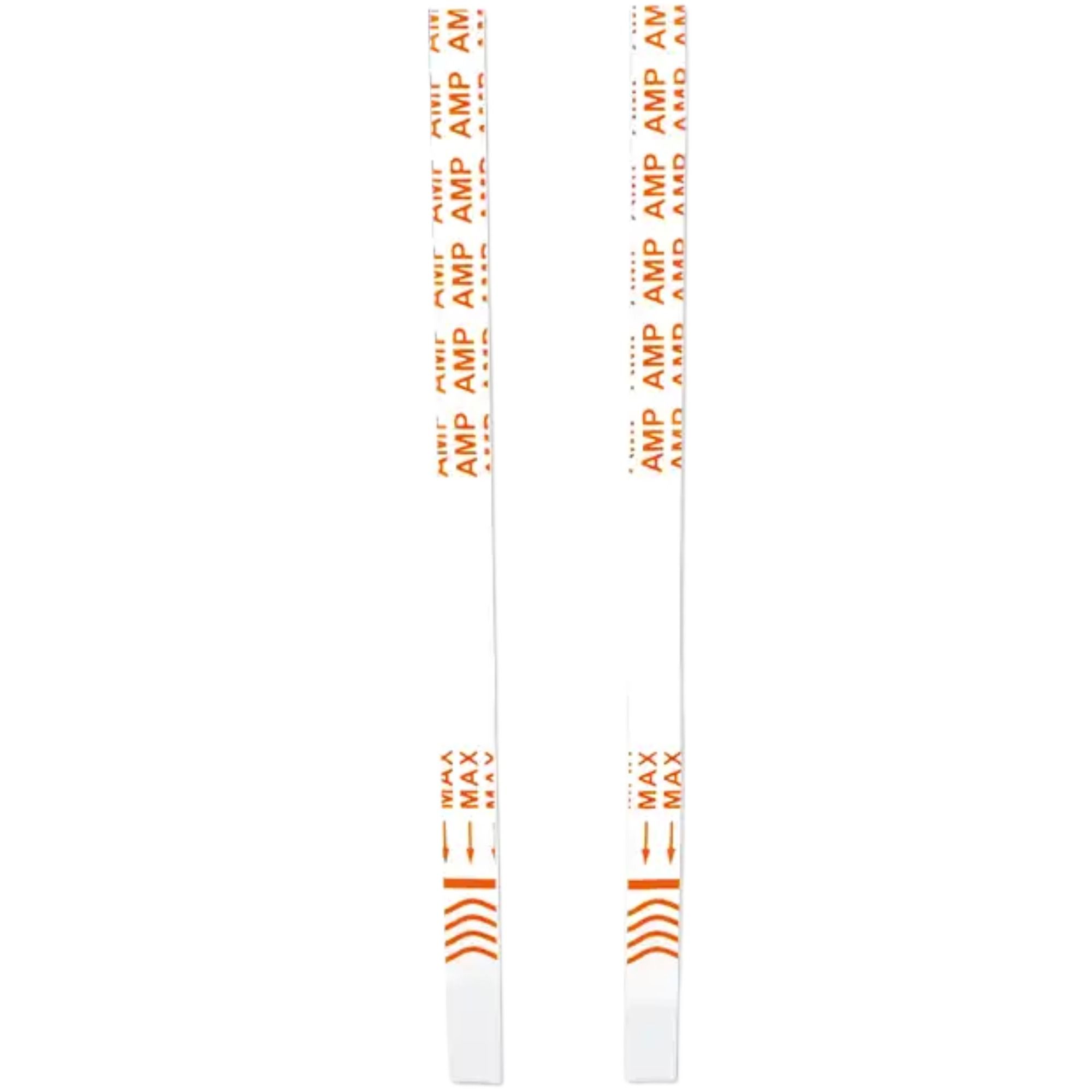 Zwei Teststreifen mit Aufdrucken von AMP und Pfeilen. Streifen sind weiß mit orangefarbenen Details.