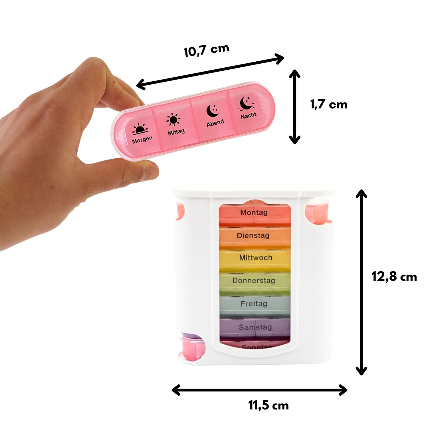 Weiße Frohbach Pillenbox mit 7 Fächern und einer separaten, rosa Pillenbox. Maße: 11,5 x 12,8 x 10,7 cm, 1,7 cm hoch.