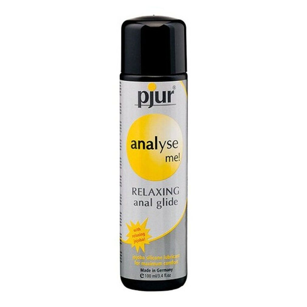 Zylindrische Flasche mit schwarzem Deckel. Aufschrift: pjur, analyse me!, Relaxing anal glide. Mit Jojoba. 100ml.
