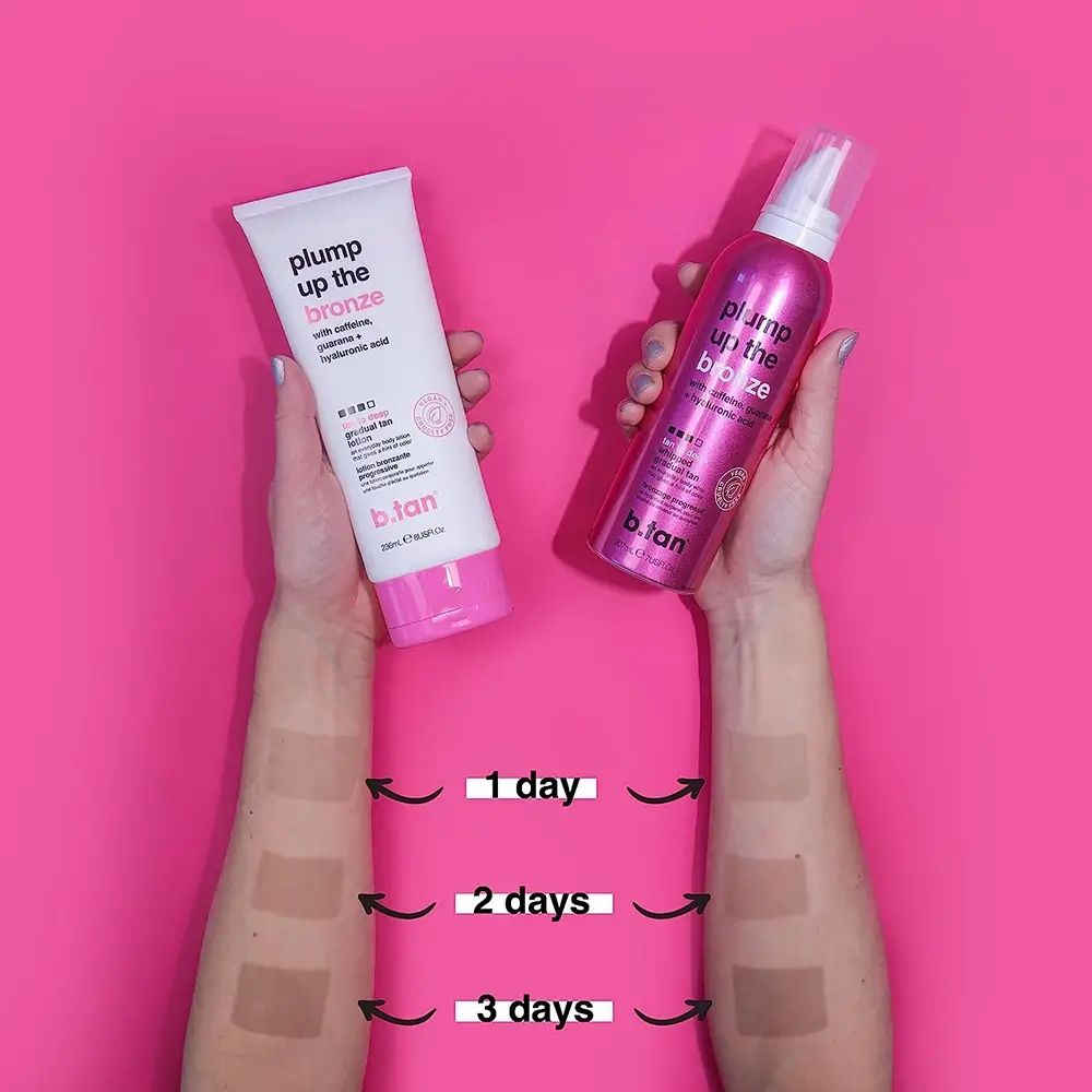 Zwei b.tan Bräunungsprodukte: eine weiße Tube und eine metallisch-pinke Sprühflasche. Arme zeigen Bräunungsergebnisse nach 1, 2 und 3 Tagen.
