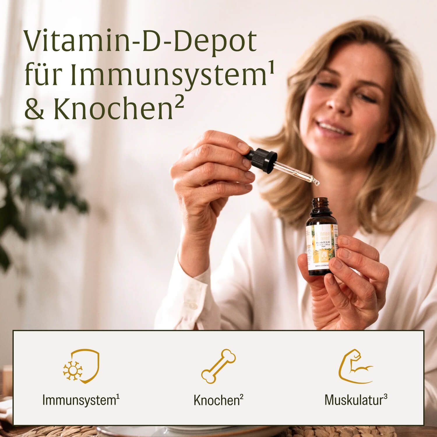 Frau hält Pipette und Flasche mit Vitamin D3 & K2 Tropfen. Symbole für Immunsystem, Knochen, Muskulatur.