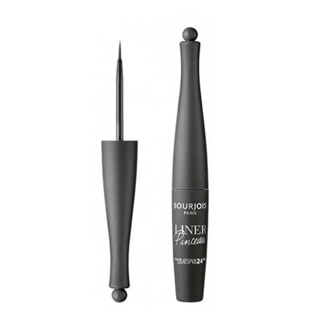 Schwarzer Eyeliner mit Pinselapplikator. Flasche mit Kugelverschluss. Aufschrift: Bourjois Paris, Liner Pinceau Waterproof 24H.