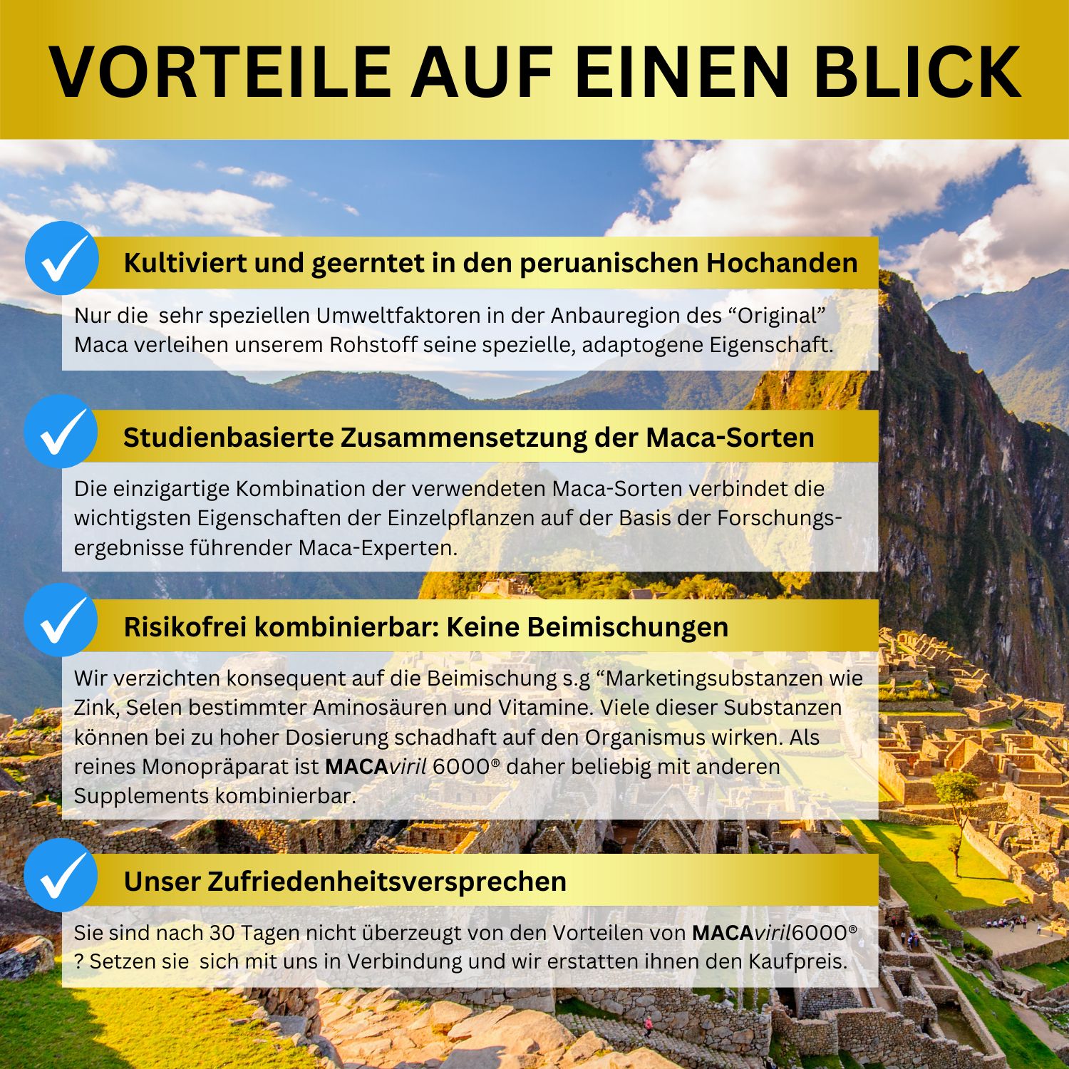 Vorteile von MACAviril 6000®: Anbau in den peruanischen Anden, Studienbasierte Zusammensetzung, risikofrei.