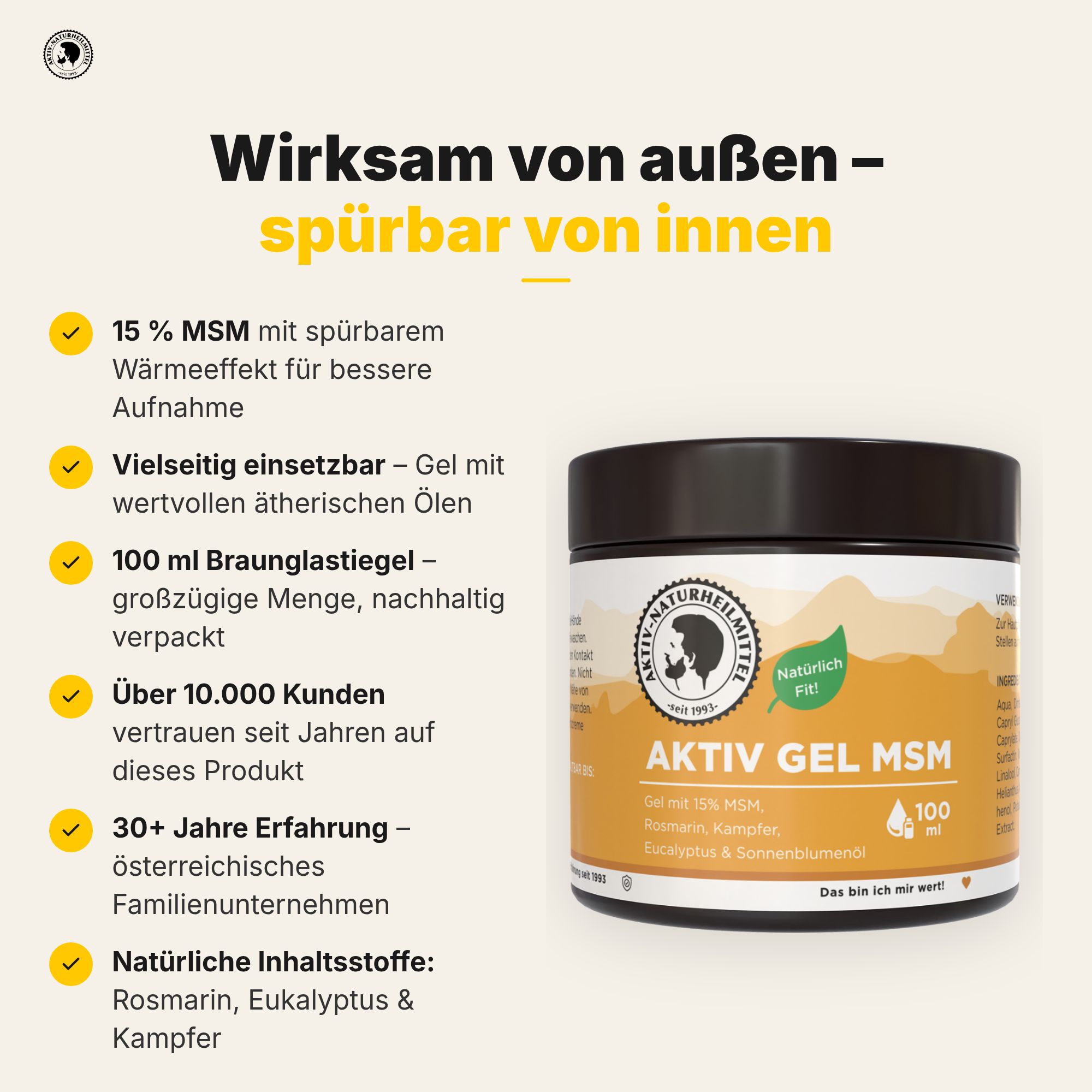 Aktiv Gel MSM 100 ml Tiegel mit Informationen zu Inhaltsstoffen und Anwendung.