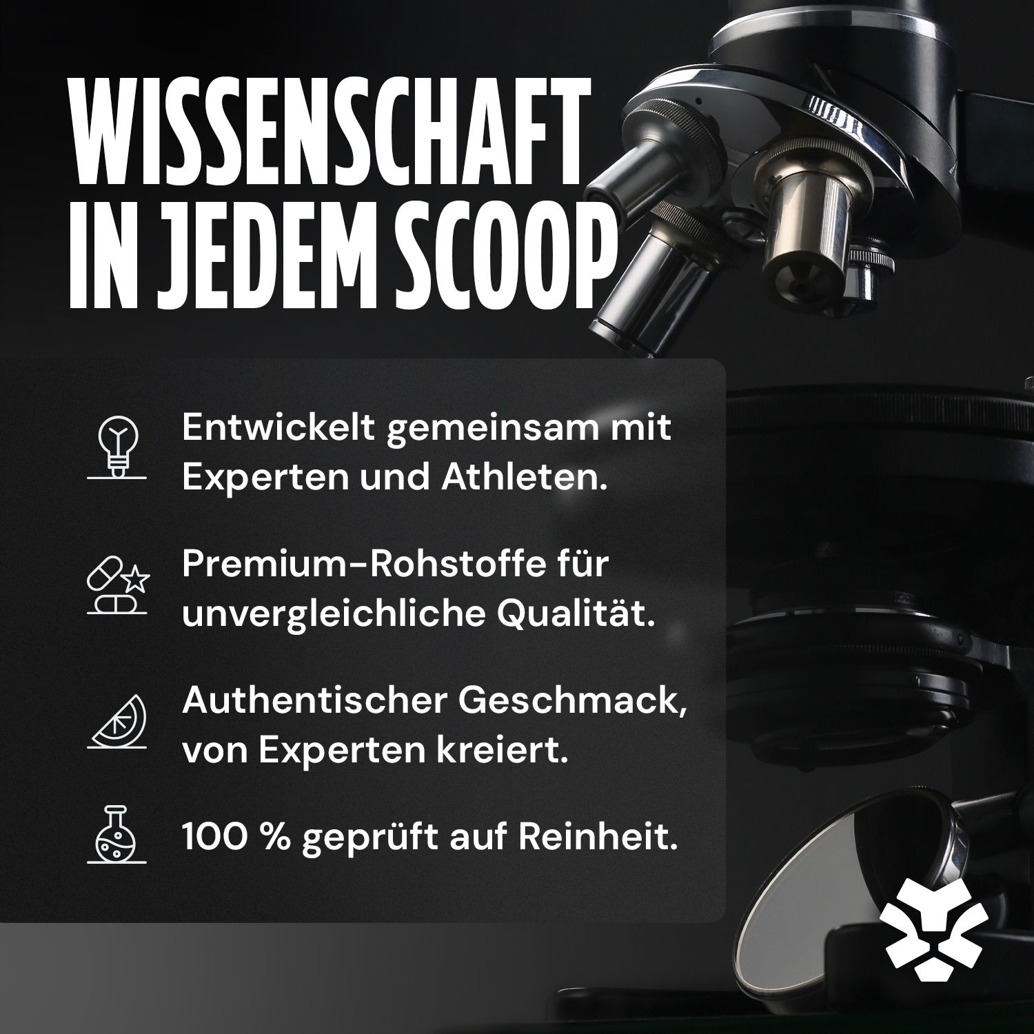 Mikroskop mit Text: Wissenschaft in jedem Scoop. Textabschnitte: Experten, Premium-Rohstoffe, authentischer Geschmack, 100% geprüft.