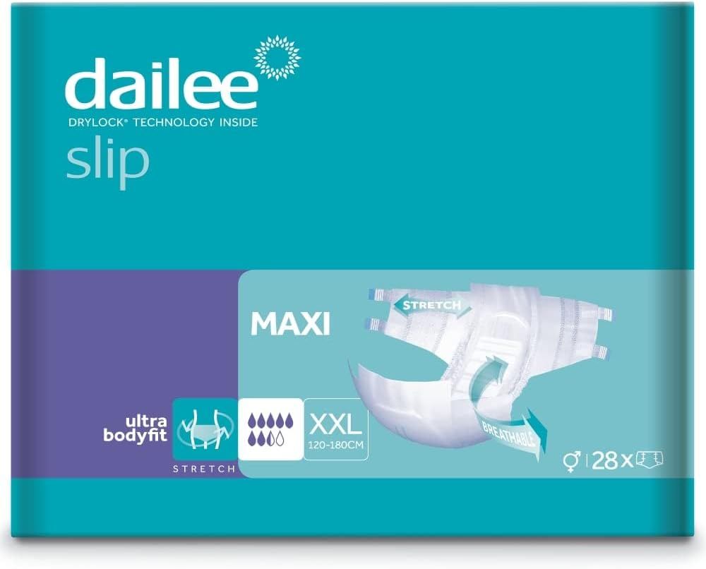 Verpackung Dailee Slip Maxi. Türkis-weiß. Produktabbildung. XXL-Größe, 28 Stück.