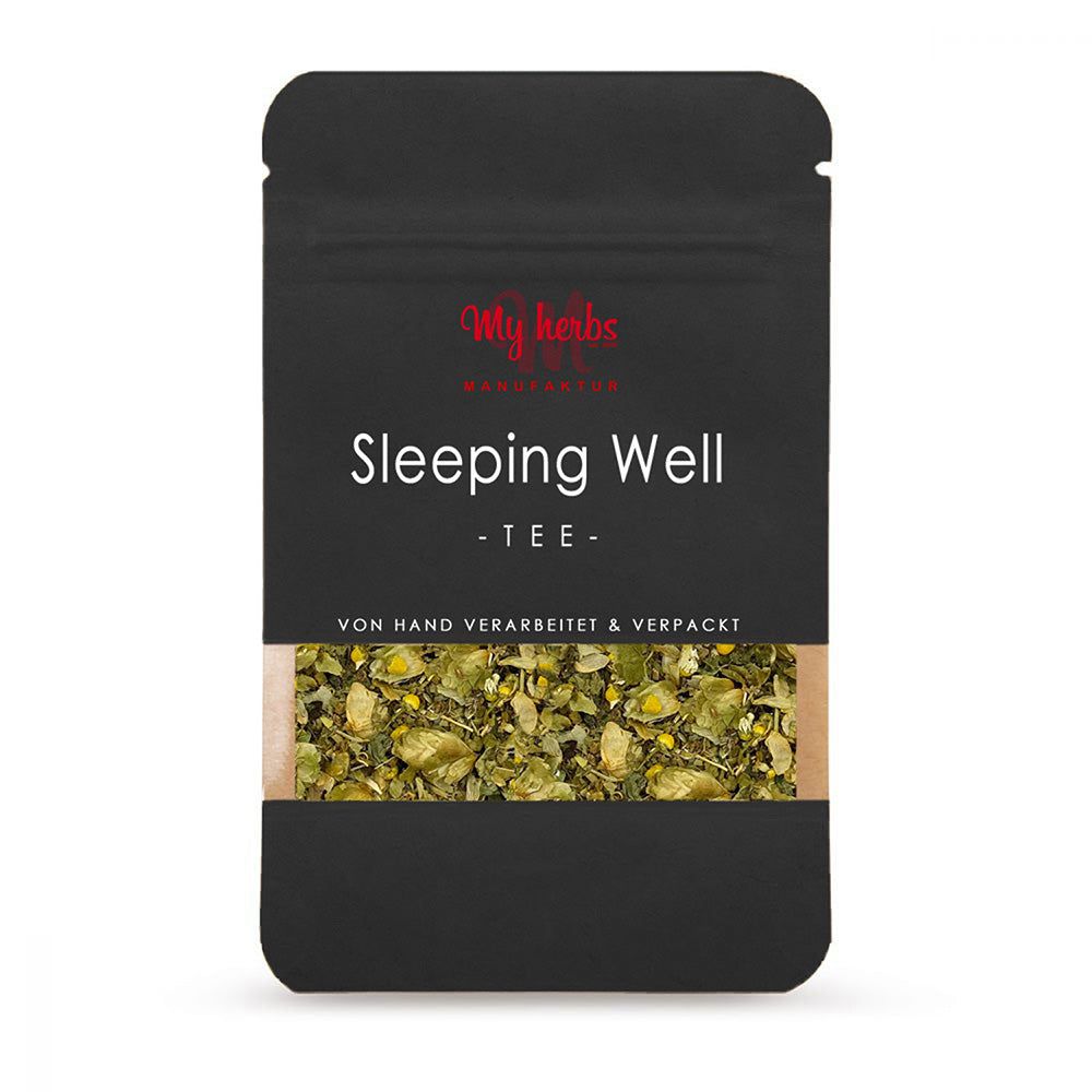 Schwarzer Beutel mit "Sleeping Well Tee"-Aufdruck. Sichtfenster mit Kräutermischung. Marke "My Herbs".