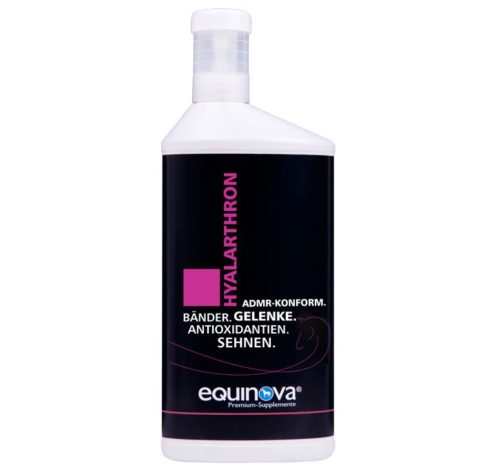 Flasche mit schwarzem Etikett. Aufschrift: Hyalarthron, Bänder, Gelenke, Antioxidantien, Sehnen. Marke: equinova.