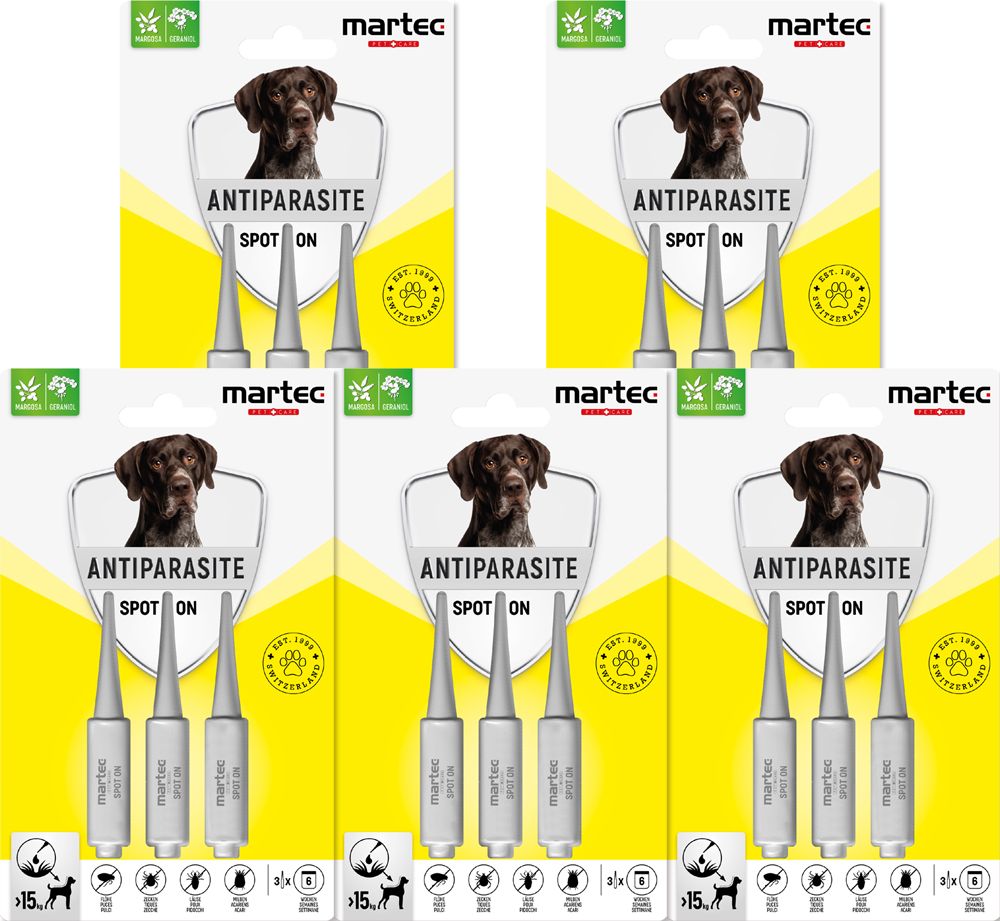 Mehrere Packungen Spot On für Hunde über 15 kg, mit Produkt- und Markenlogo, sowie Hundeabbildung.