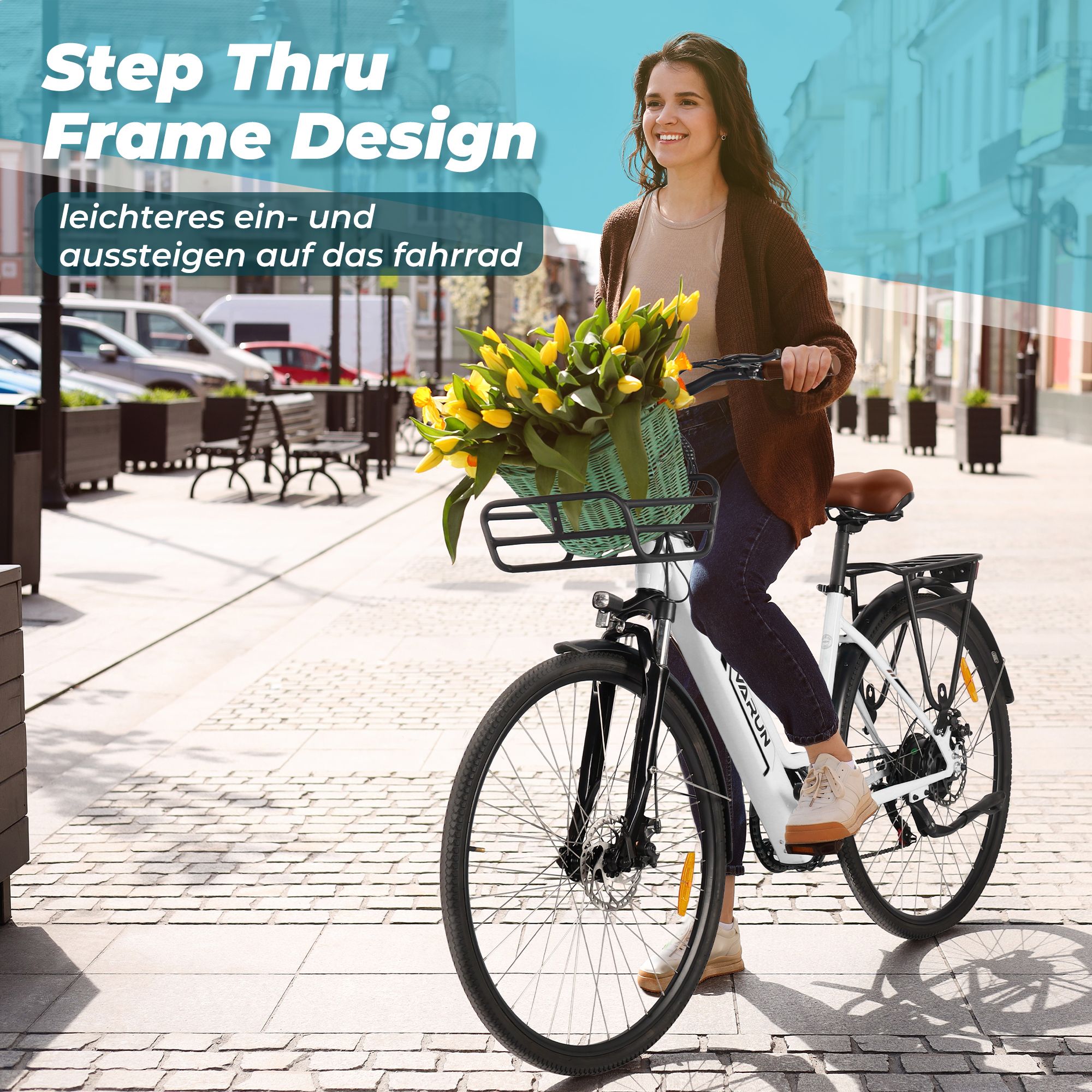 Frau fährt E-Bike mit Korb. Gelbe Blumen im Korb. Text: Step Thru Frame Design, leichteres Ein- und Aussteigen.