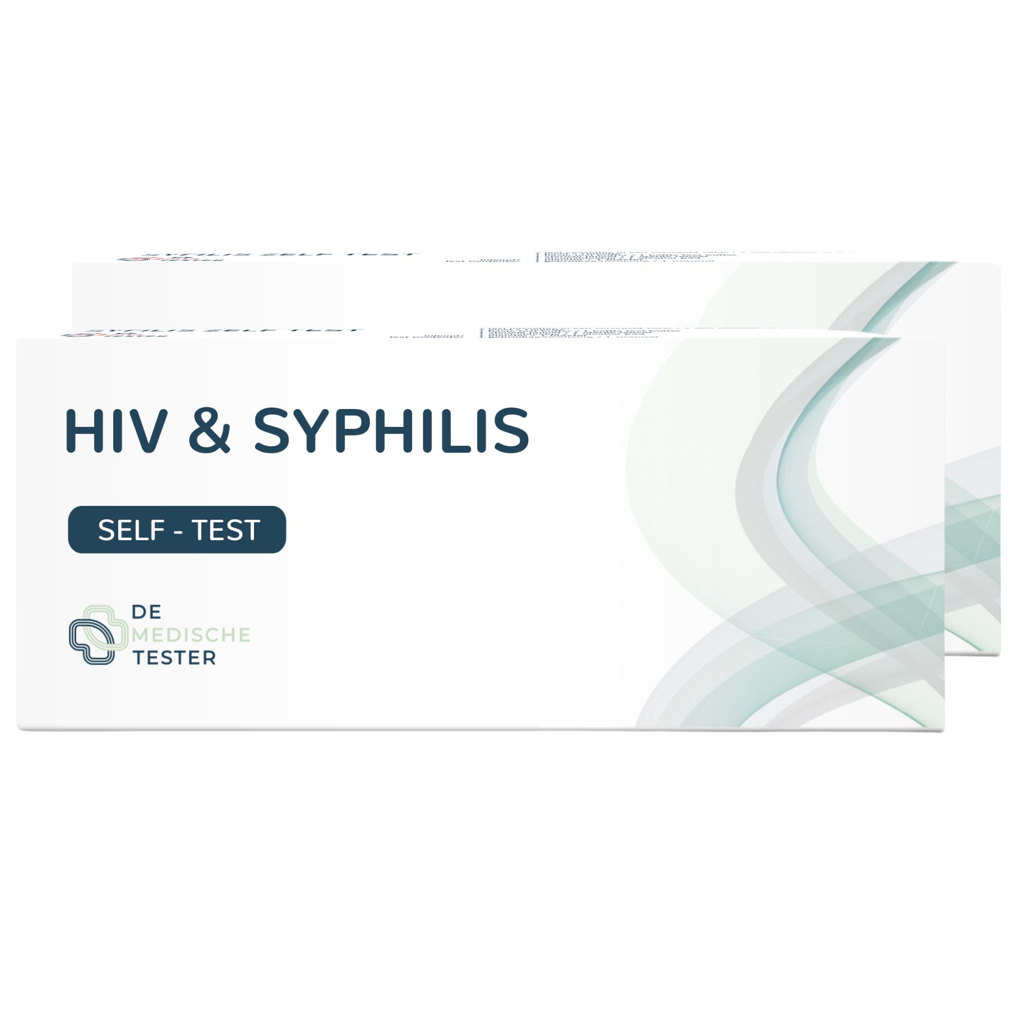 Zwei Packungen HIV & Syphilis Selbsttest. Weiße Verpackung mit blauer Schrift und Logo. "SELF-TEST" und "DE MEDISCHE TESTER" sichtbar.