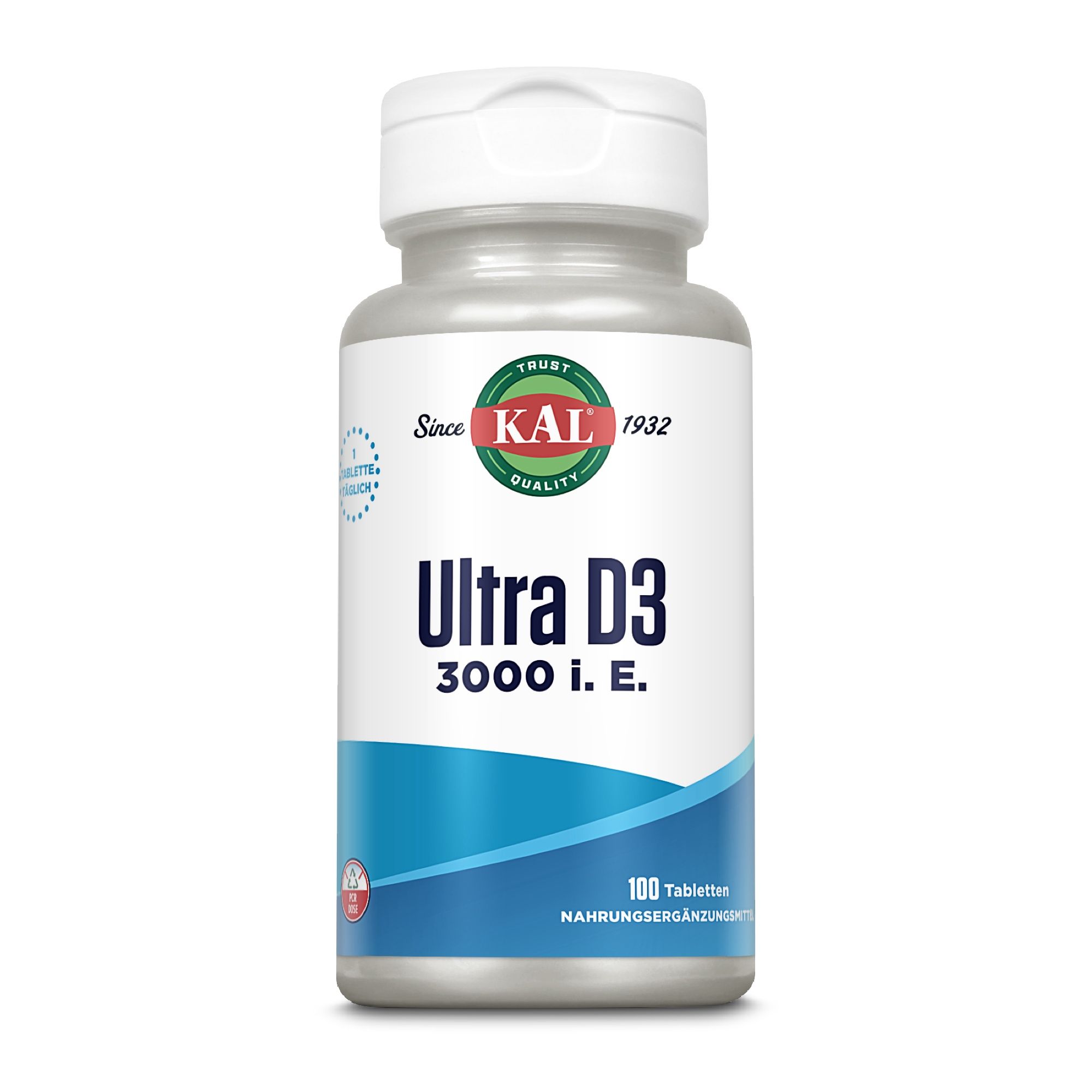 Eine Flasche KAL Ultra D3 3000 I.E. Vitamin D3-Nahrungsergänzungsmittel. Enthält 100 Tabletten. Text: 3000 I.E. und 100 Tabletten.