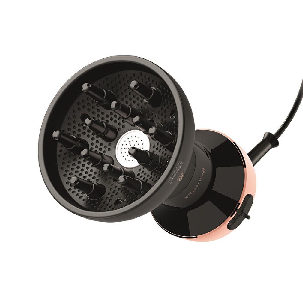 Warmluft-Diffusor mit schwarzem Diffusorkopf und roségoldfarbenem Griff. Schwarzes Kabel.