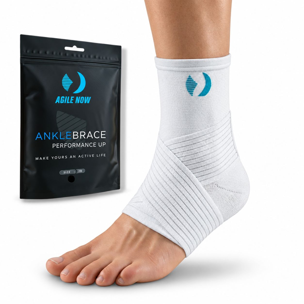 Weißer Knöchelbandage mit blauen Logo, daneben schwarze Verpackung mit Produktnamen.