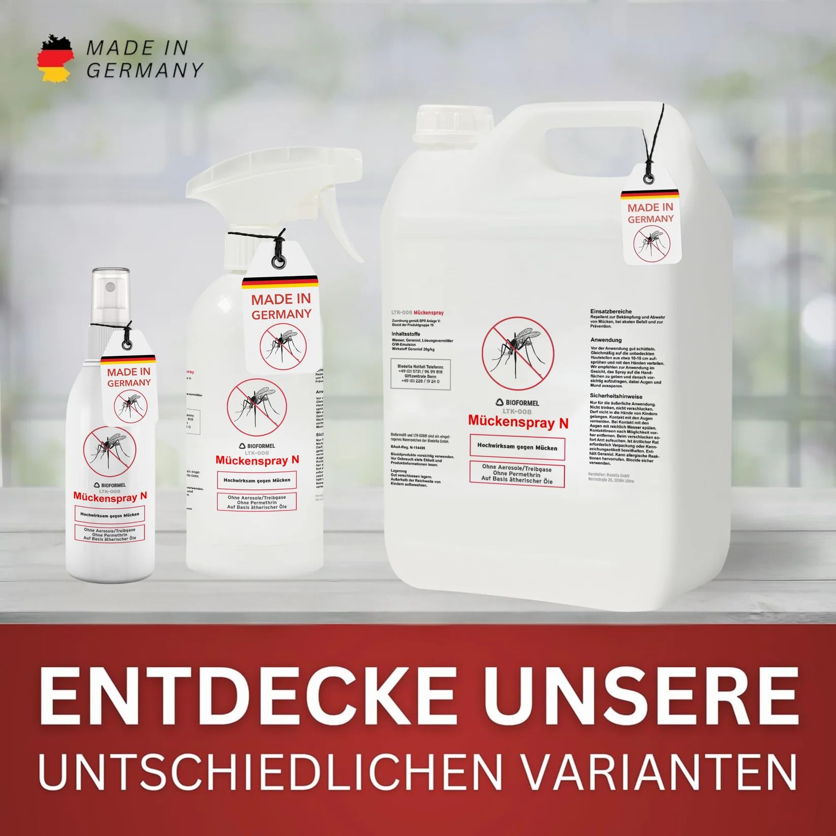 Drei Sprays mit Sprühkopf und eine Kanister. Aufschrift: Mückenspray N. Text: Entdecke unsere verschiedenen Varianten.
