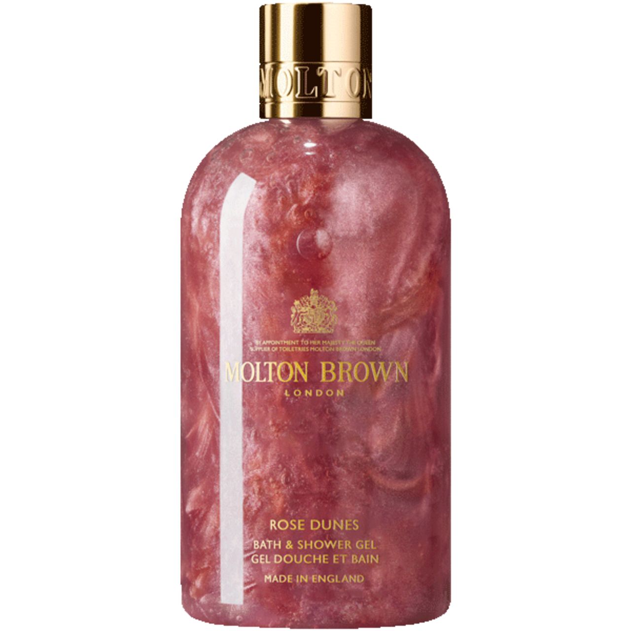 Molton Brown Rose Dunes Duschgel-Flasche. Rosa Flüssigkeit, goldener Deckel. Text: Rose Dunes, Bath & Shower Gel.
