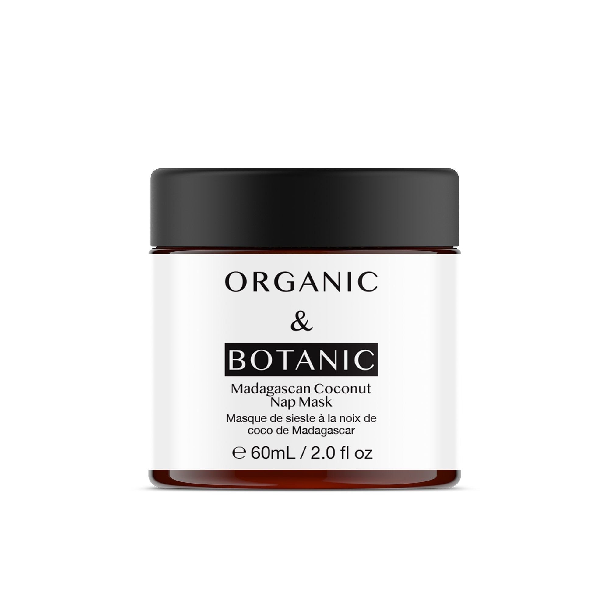 Braune Glasdose mit schwarzem Deckel. Auf dem Etikett steht: ORGANIC & BOTANIC, Madagascan Coconut Nap Mask.