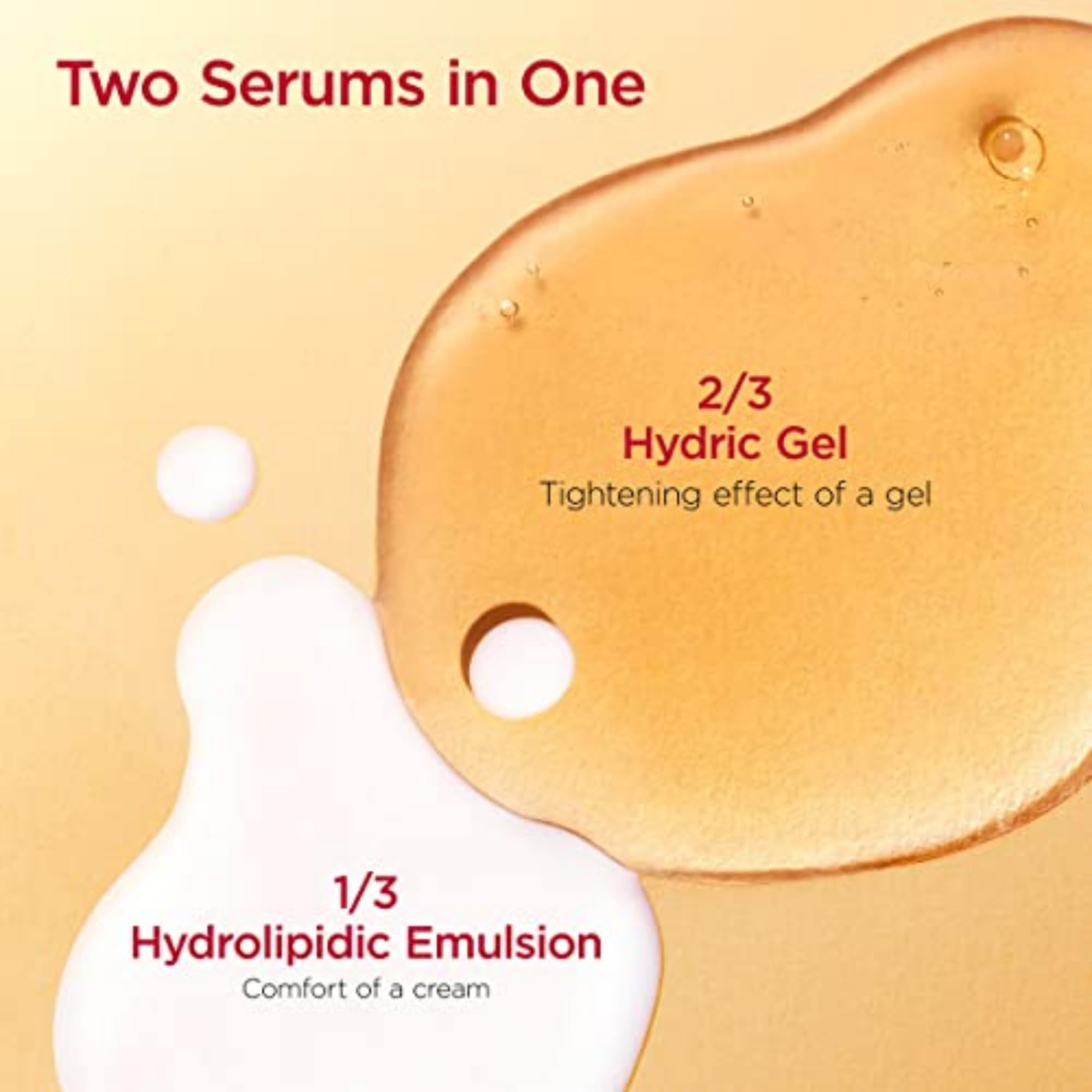 Zwei Seren in einem. 2/3 Hydric Gel, 1/3 Hydrolipid Emulsion. Text: Comfort of a cream, Tightening effect of a gel.