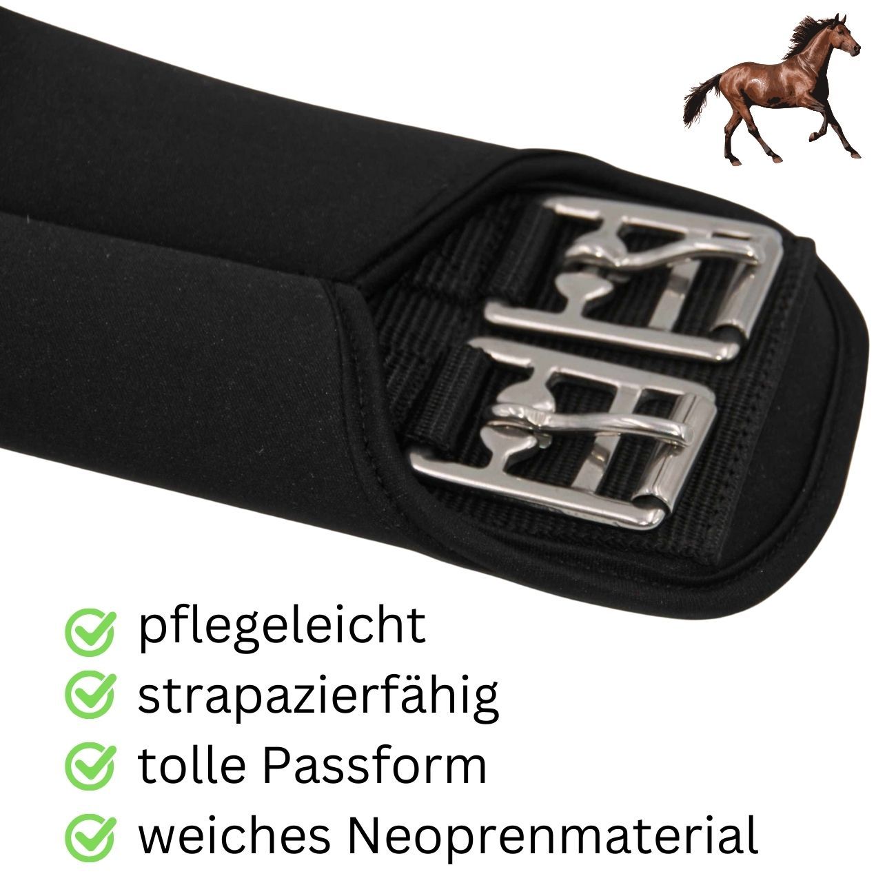 Schwarzer Sattelgurt mit Metallschnallen. Text: pflegeleicht, strapazierfähig, tolle Passform, weiches Neoprenmaterial.