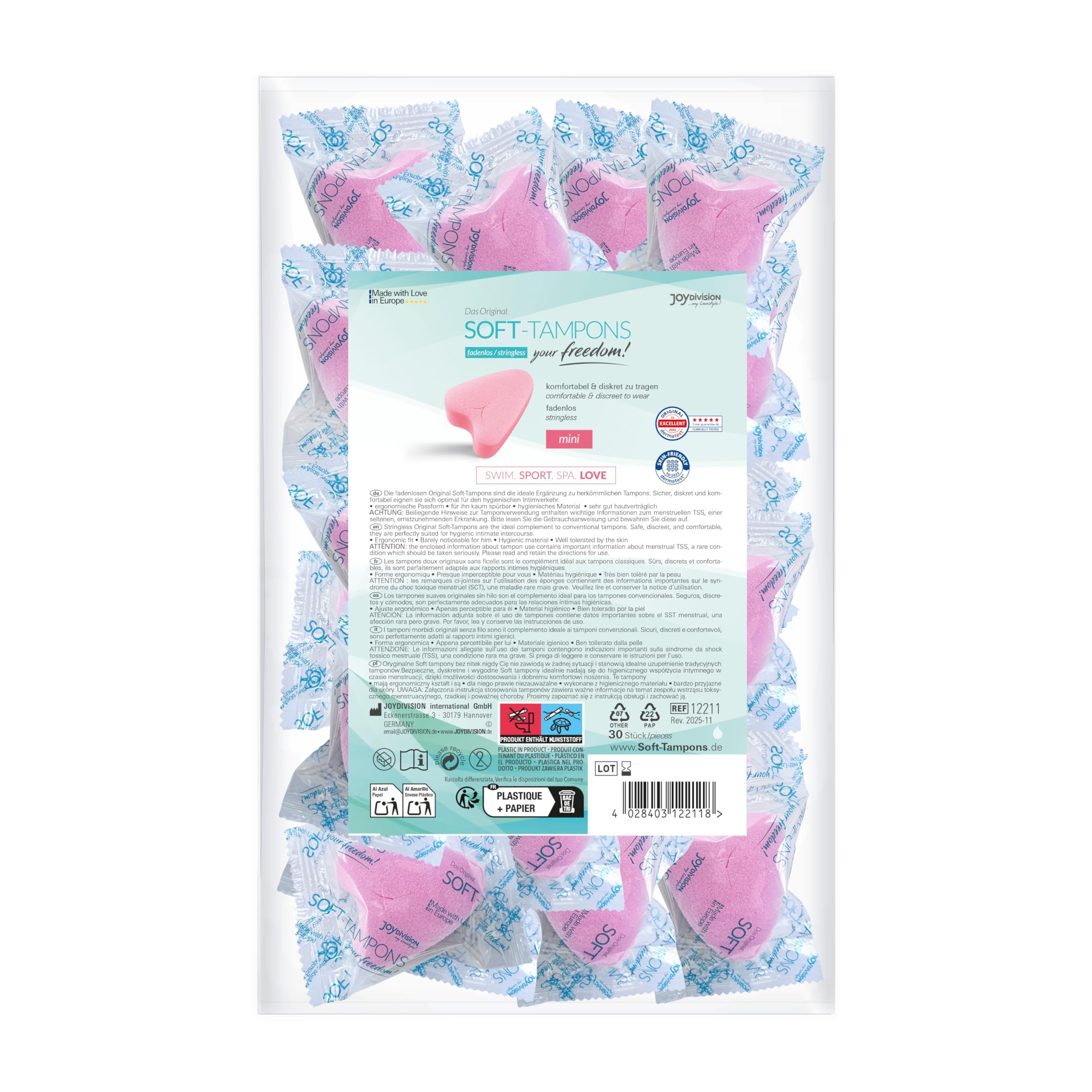 Verpackung mit 30 einzeln verpackten rosa Herz-Tampons.