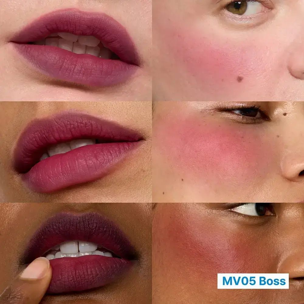 Mehrere Lippen- und Wangen-Darstellungen. MV05 Boss-Schriftzug. Verschiedene Hauttöne.