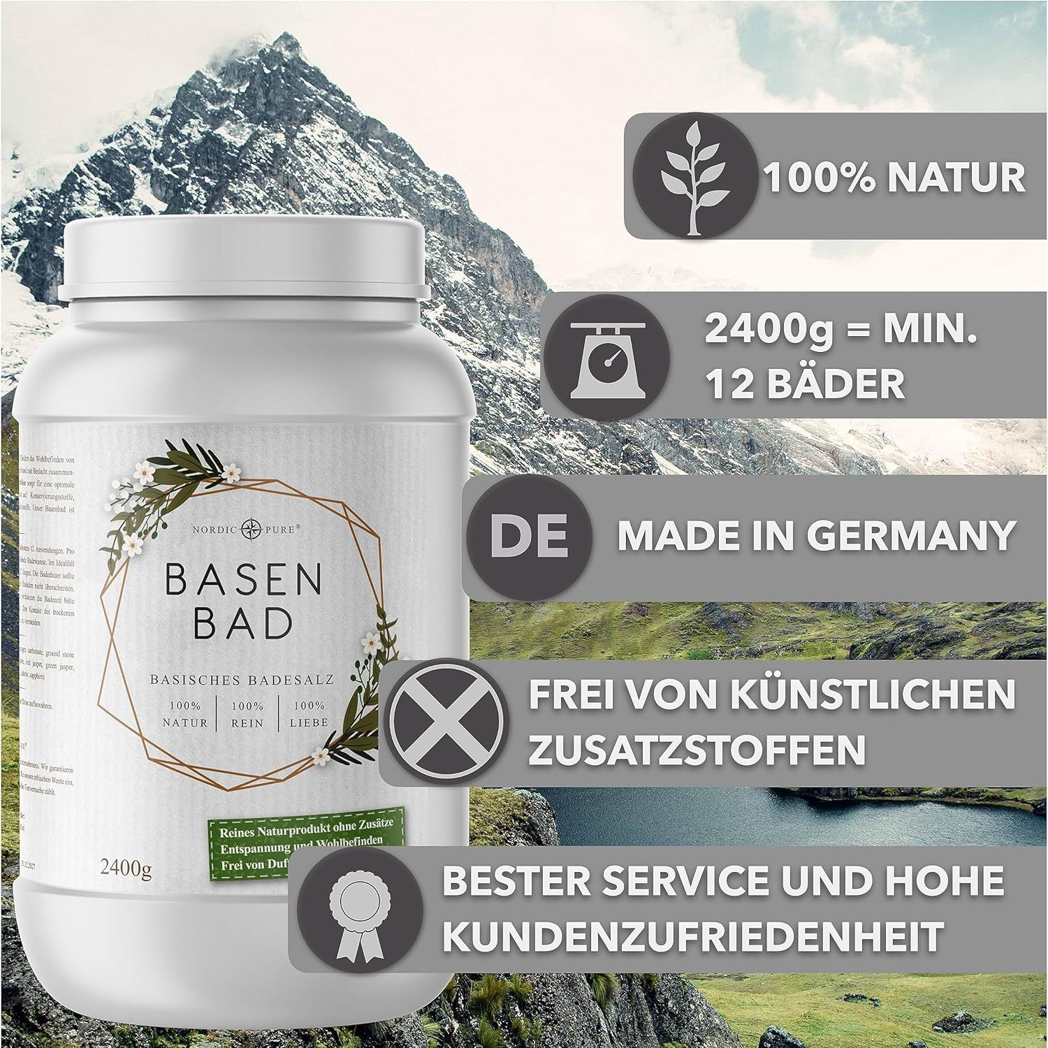 Weißer Behälter "BASEN BAD". Etikett mit floralem Design. 2400g. "100% Natur". Made in Germany. Frei von Zusätzen.